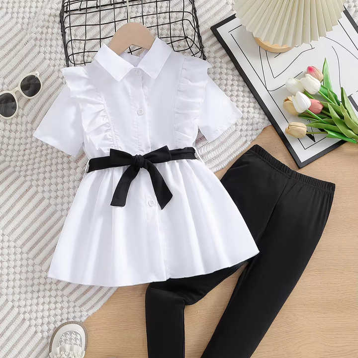 Short sleeve solid belt shirt top + long pants
