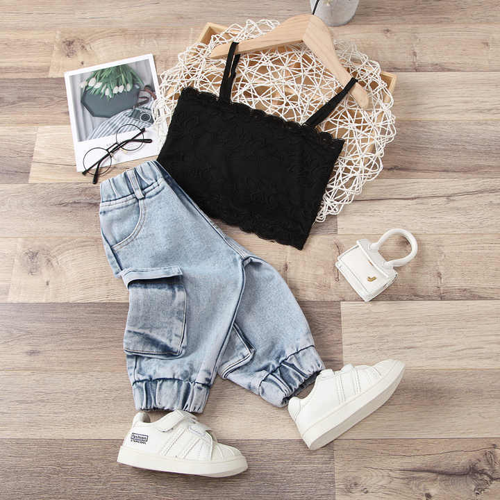 Black Crop Top with denim Box Pant