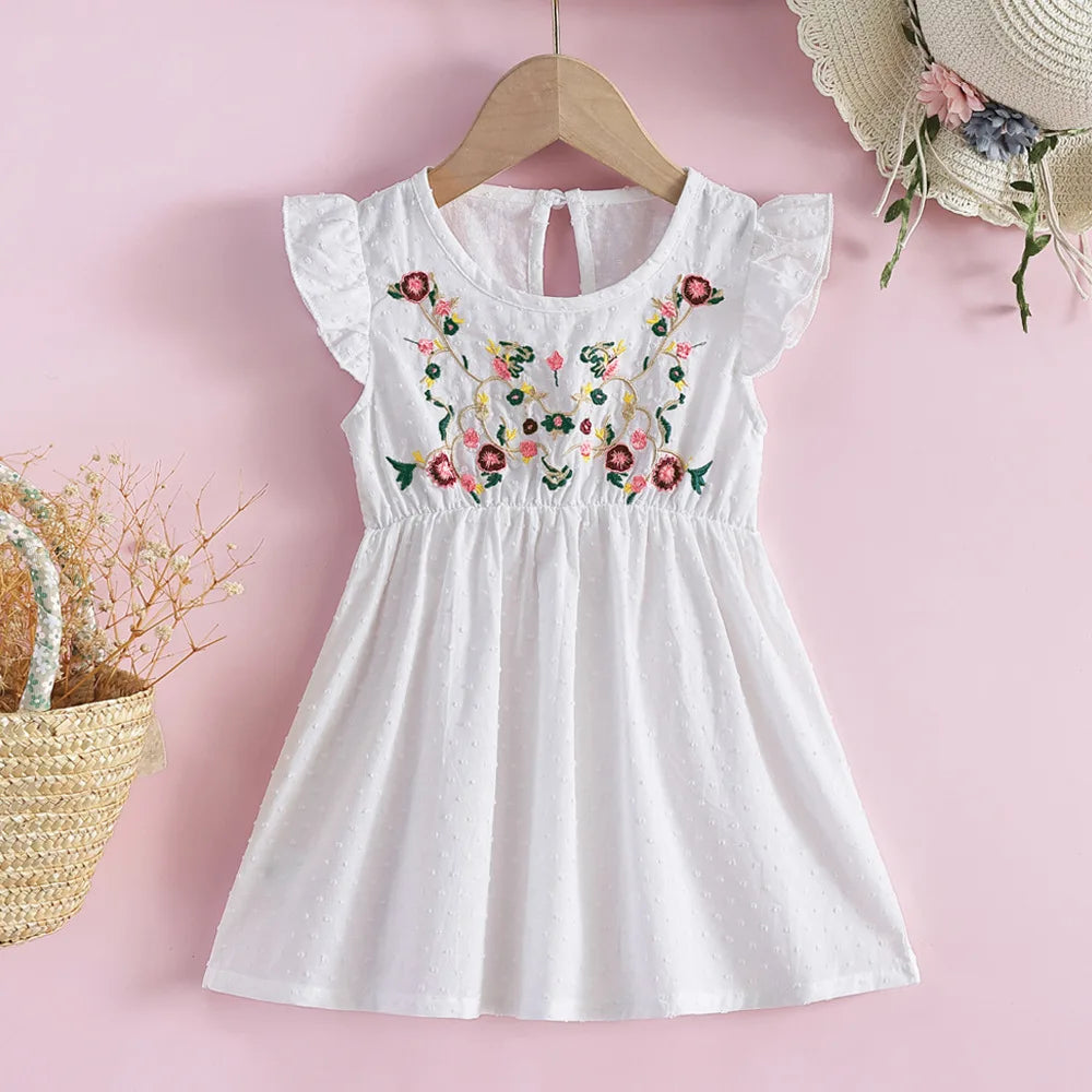 White dress flowers Girls dresses round collar fly sleeve