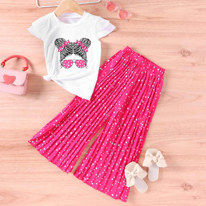 Girls short sleeve t-shirt+leopard print wide-leg pants