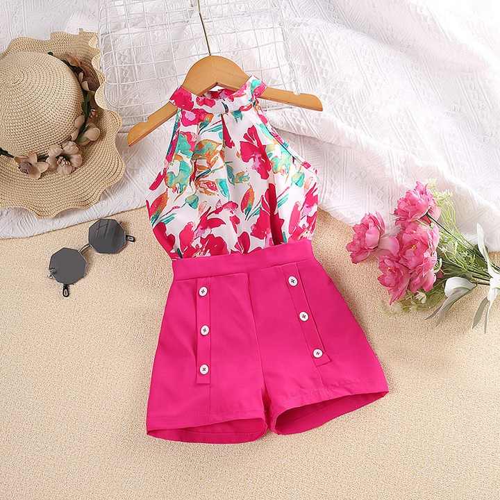 Sleeveless Halter Floral Print Vest Button Shorts